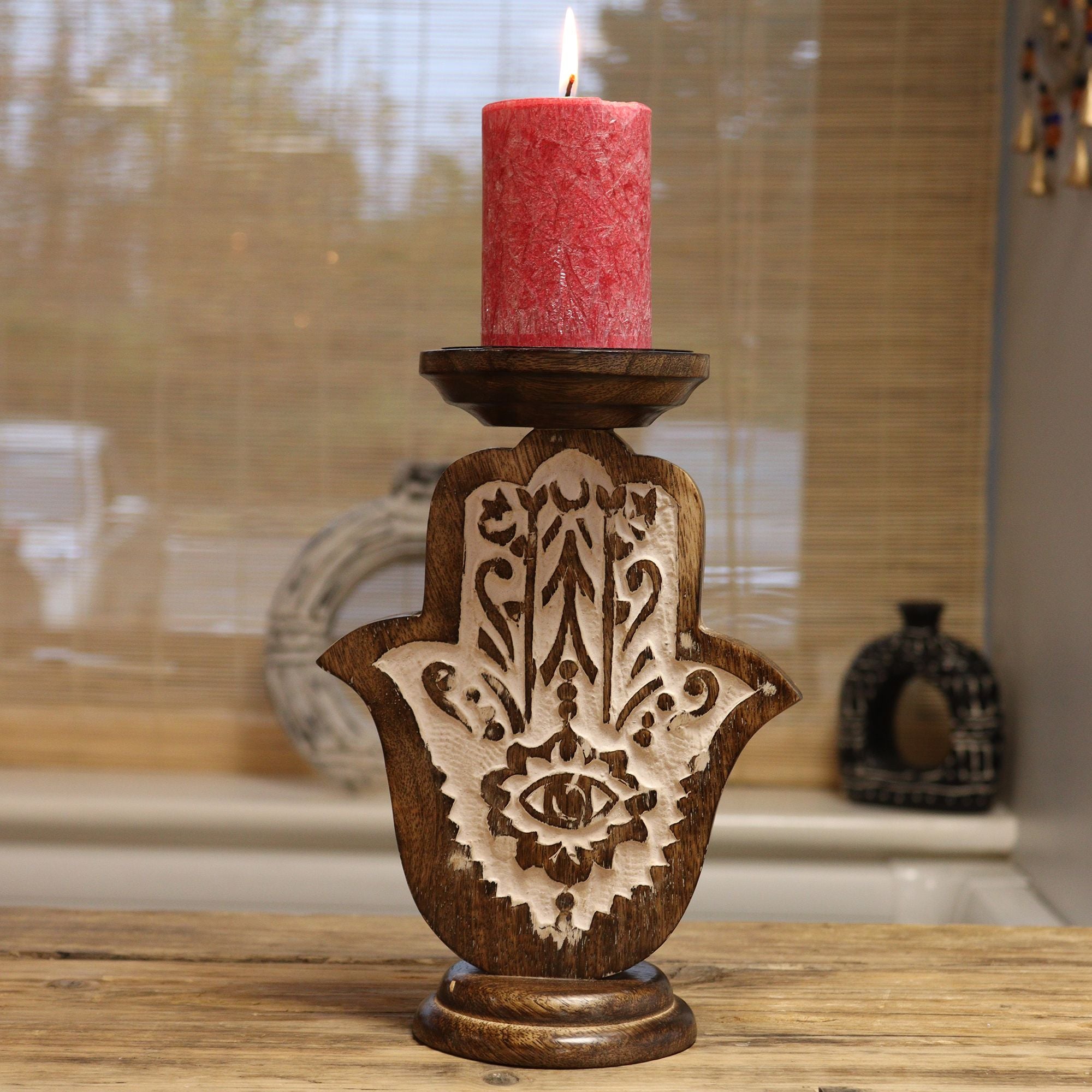 Mango Wood Candle Stand - Hamsa - Small 18x11cm